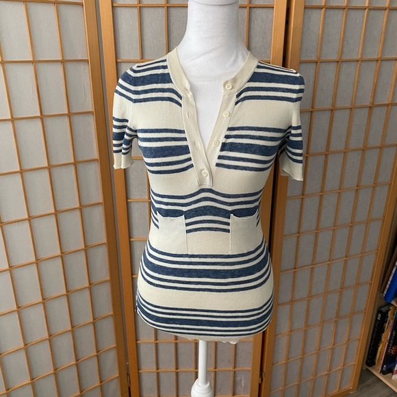 **PRADA** Navy Blue White Stripe T-shirt Blouse Size 40 Small Button Pockets - Picture 3 of 9